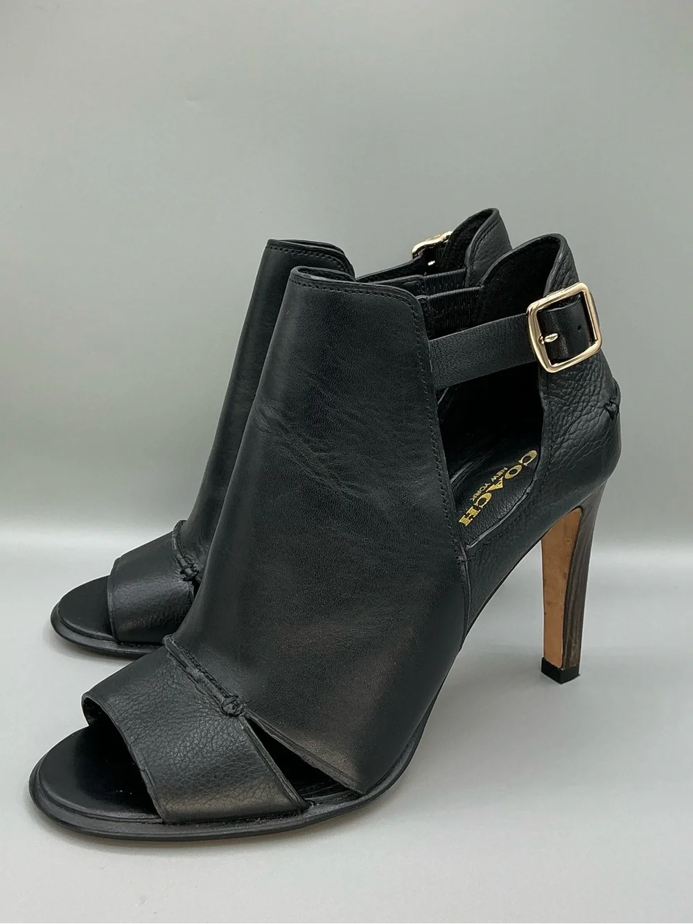 Coach Idena Black Leather Open Toe Booties High Heel Women’s Size 7